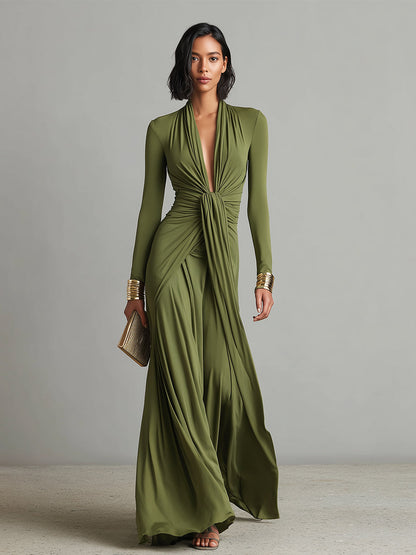 Elegant Green Dress for Women with Deep V Neck Twist Knot Waist Long Sleeve Ruched Formal Wedding Guest Style