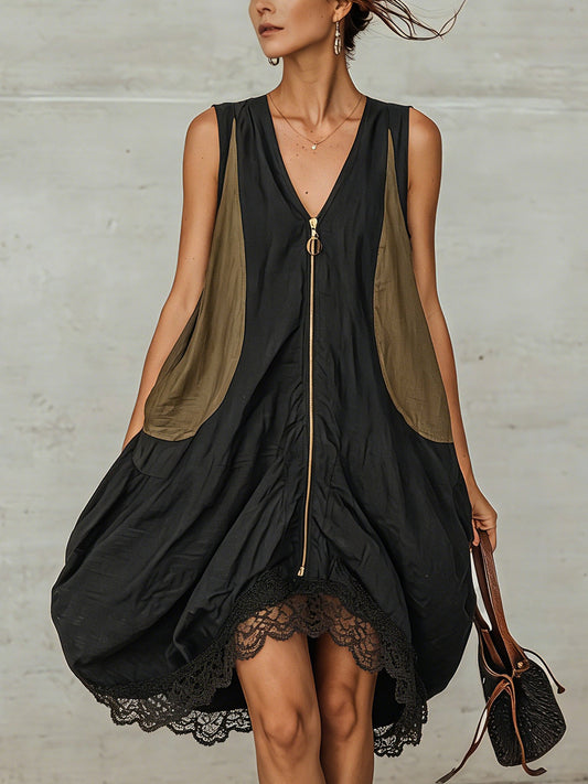 Effortless Black Layered Mini Dress for Women with Zip Front Lace Trim Sleeveless