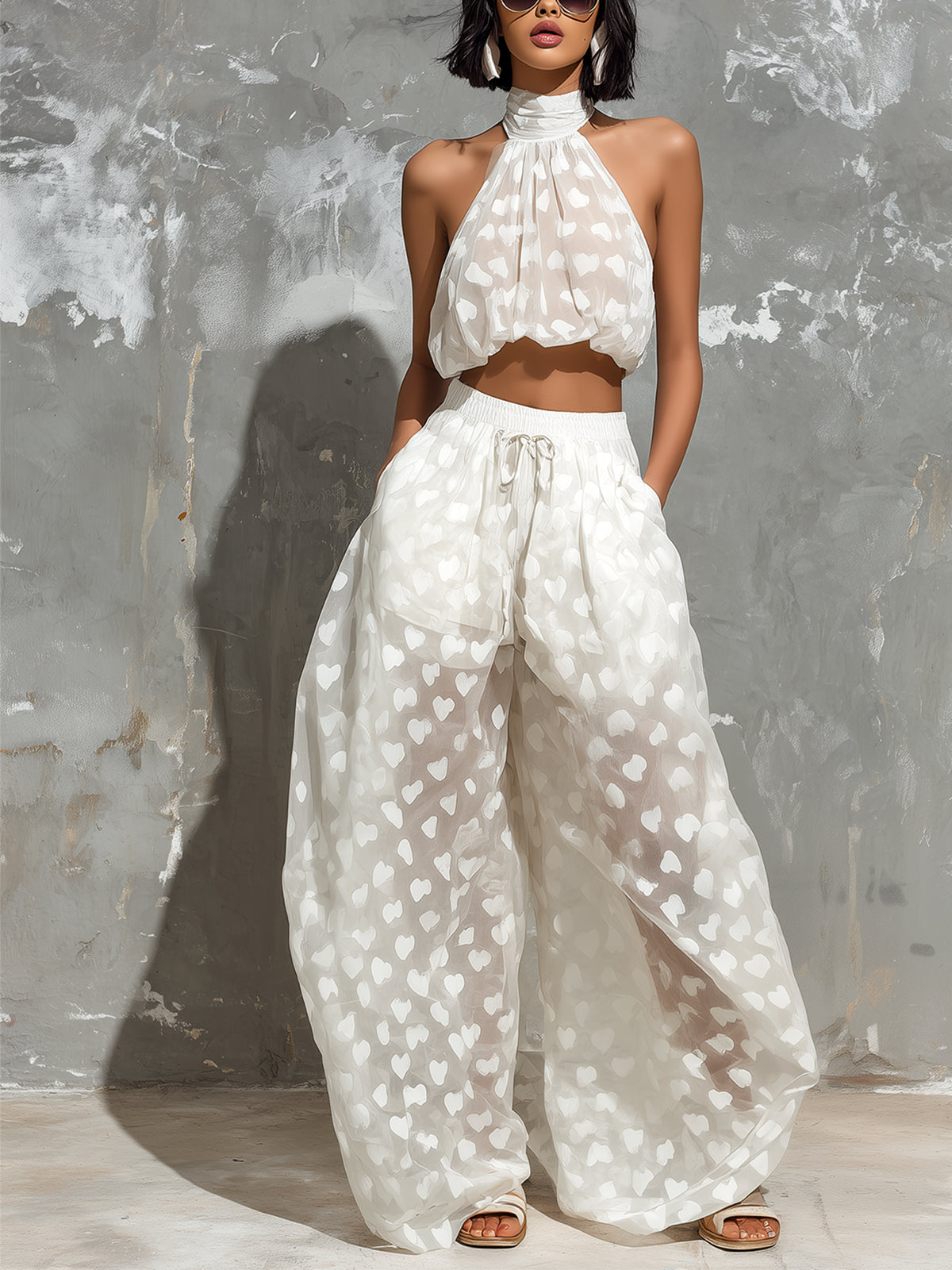 Elegant White Two Piece Set for Women with Halter Crop Top Wide Leg Pants Flowing Style