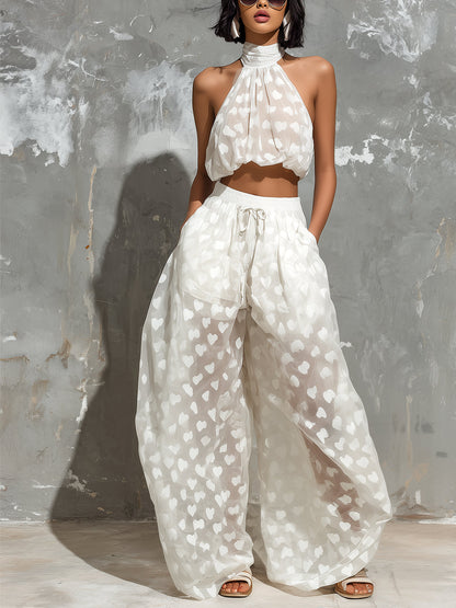 Elegant White Two Piece Set for Women with Halter Crop Top Wide Leg Pants Flowing Style