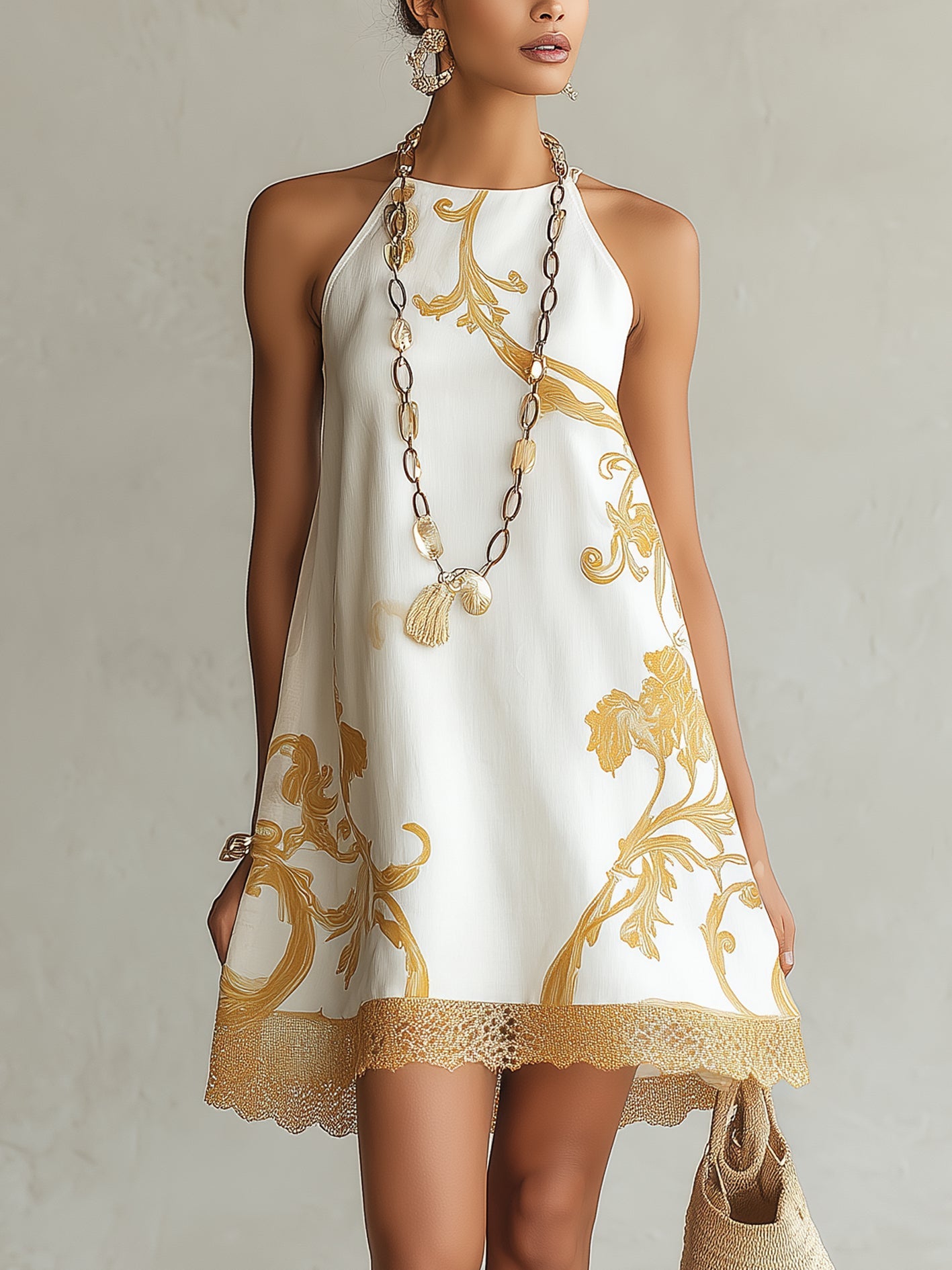 Elegant White Floral Halter Mini Dress for Women with Flowy A Line Style