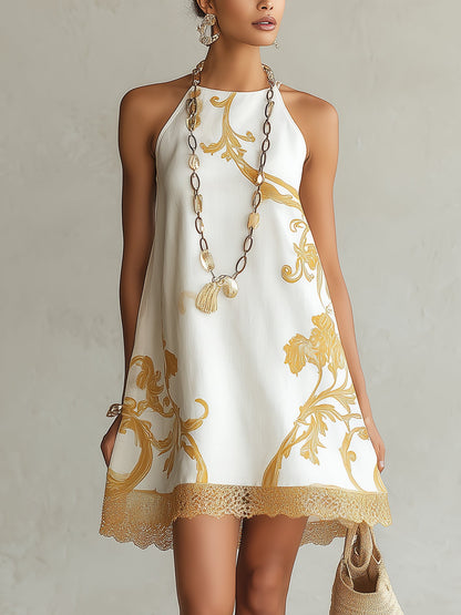 Elegant White Floral Halter Mini Dress for Women with Flowy A Line Style