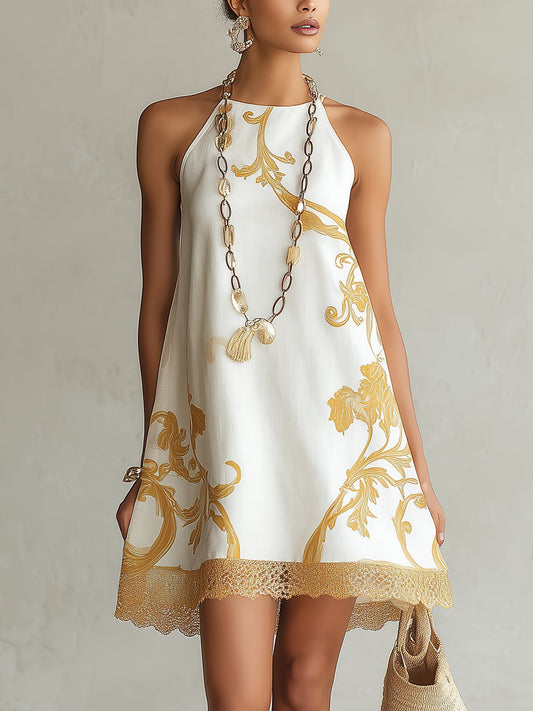 Elegant White Floral Halter Mini Dress for Women with Flowy A Line Style