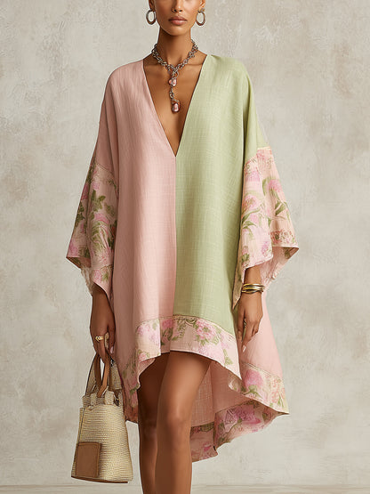 Effortless Color Block Kaftan Maxi Dress for Women with V-Neck Flowing Kimono Sleeve