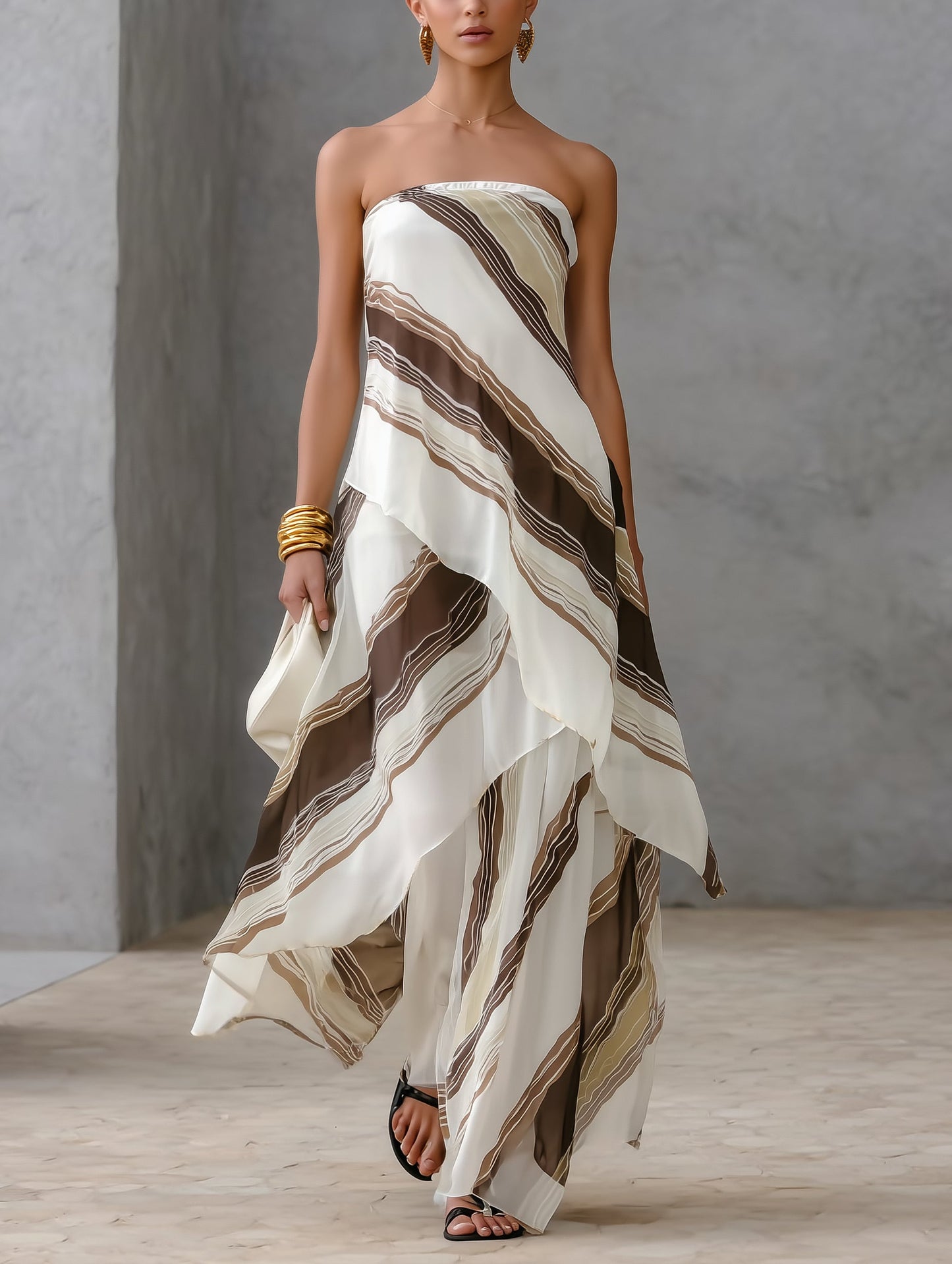 Elegant White Striped Maxi Dress for Women with Strapless Draped Asymmetric Hem