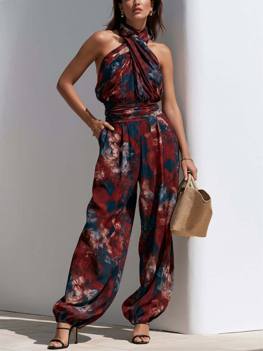 Elegant Red Floral Jumpsuit for Women with Halter Neck Wide Leg Flowing Wrap Style