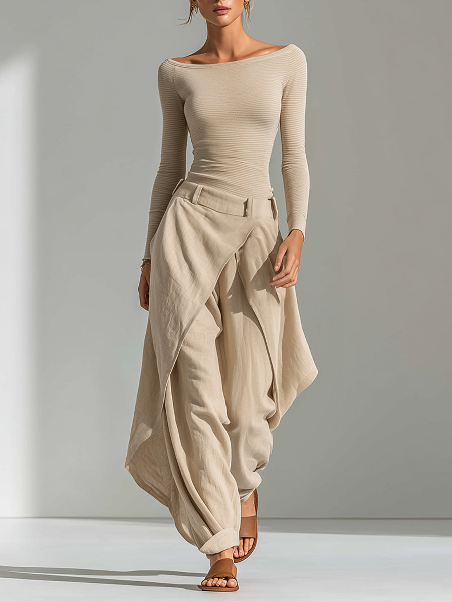 Effortless Beige Wide Leg Cargo Pants for Women with High Waist Drawstring Flowing Style