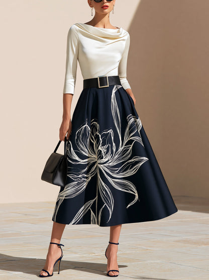 Elegant Navy Floral Midi Skirt for Women with Full Pleated A Line Style