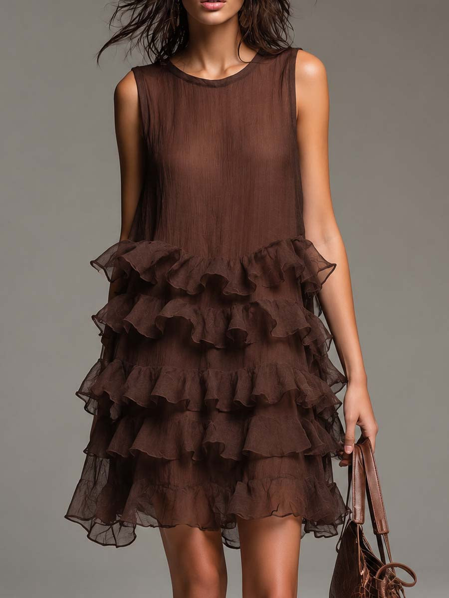 Effortless Brown Tiered Mini Dress for Women with Round Neck Ruffle Sleeveless