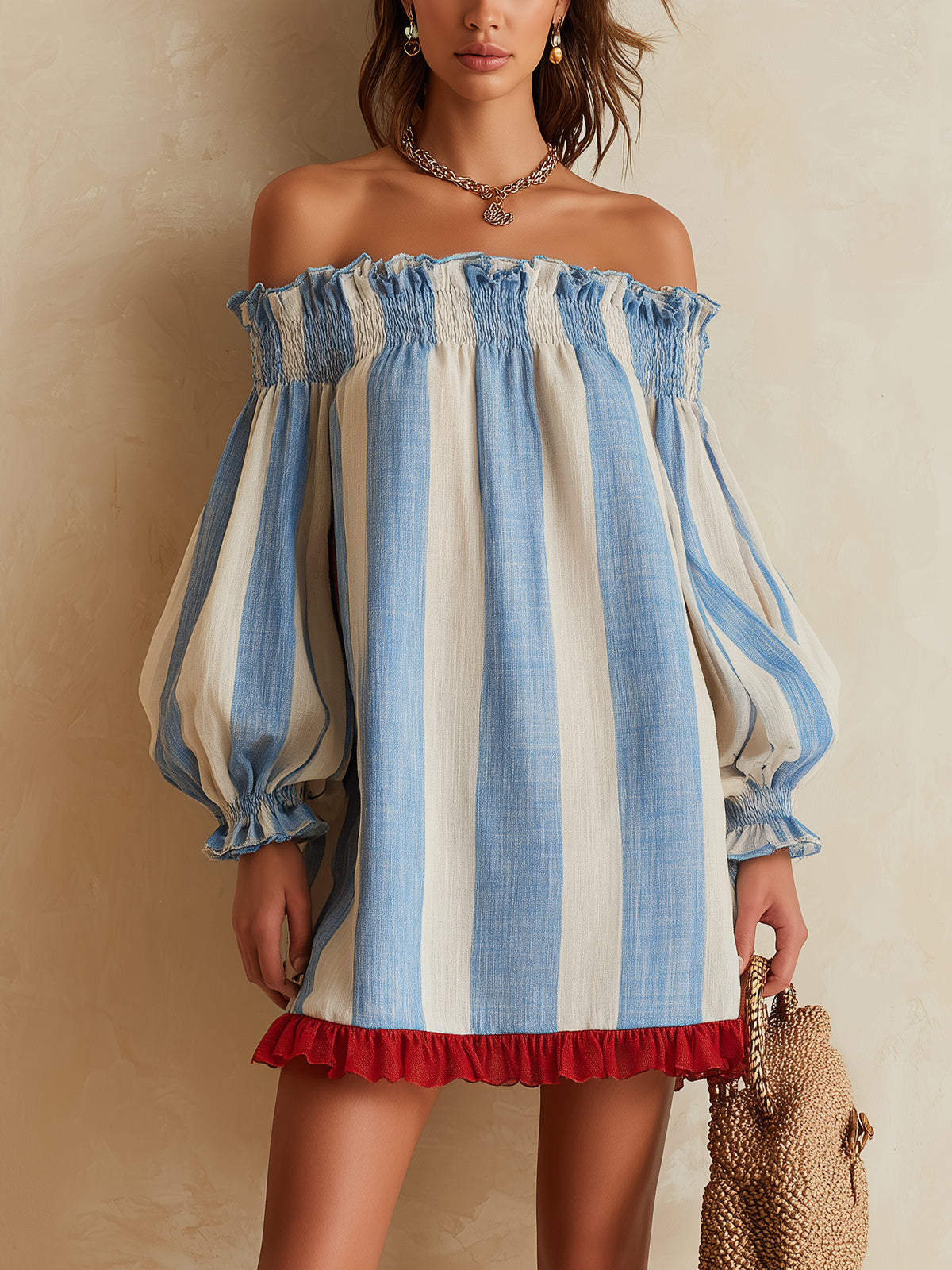 Effortless Blue Striped Off Shoulder Mini Dress for Women with Puff Sleeve Ruffle Hem