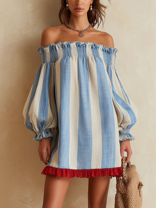 Effortless Blue Striped Off Shoulder Mini Dress for Women with Puff Sleeve Ruffle Hem