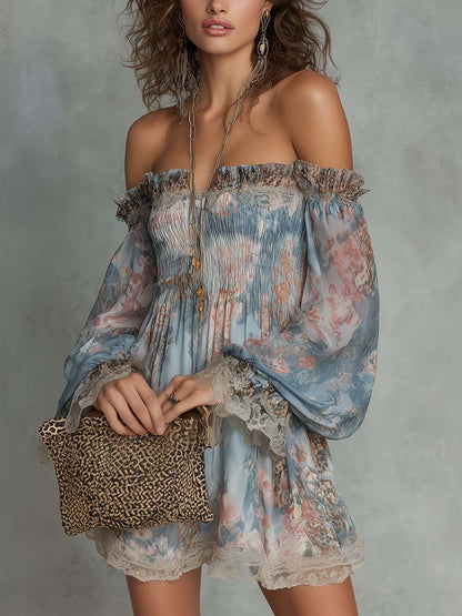 Effortless Blue Floral Mini Dress for Women with Off Shoulder Balloon Sleeve Lace Trim