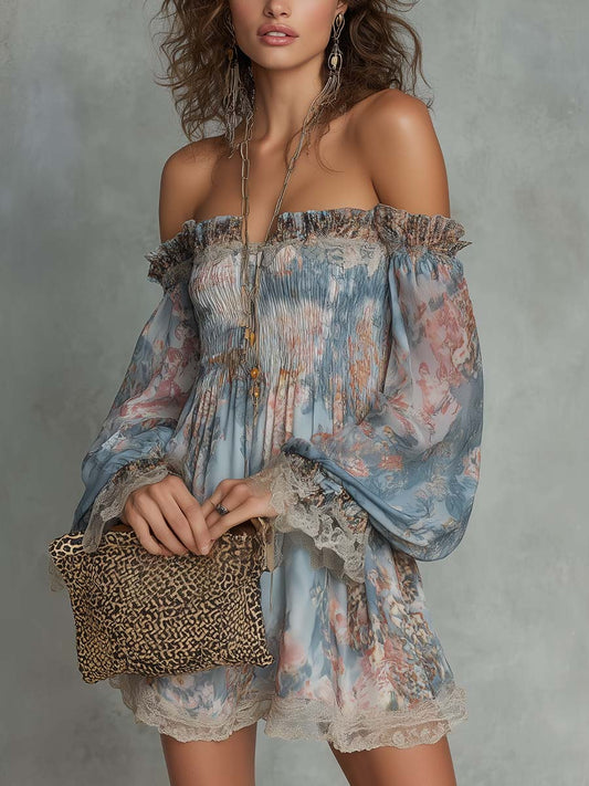 Effortless Blue Floral Mini Dress for Women with Off Shoulder Balloon Sleeve Lace Trim
