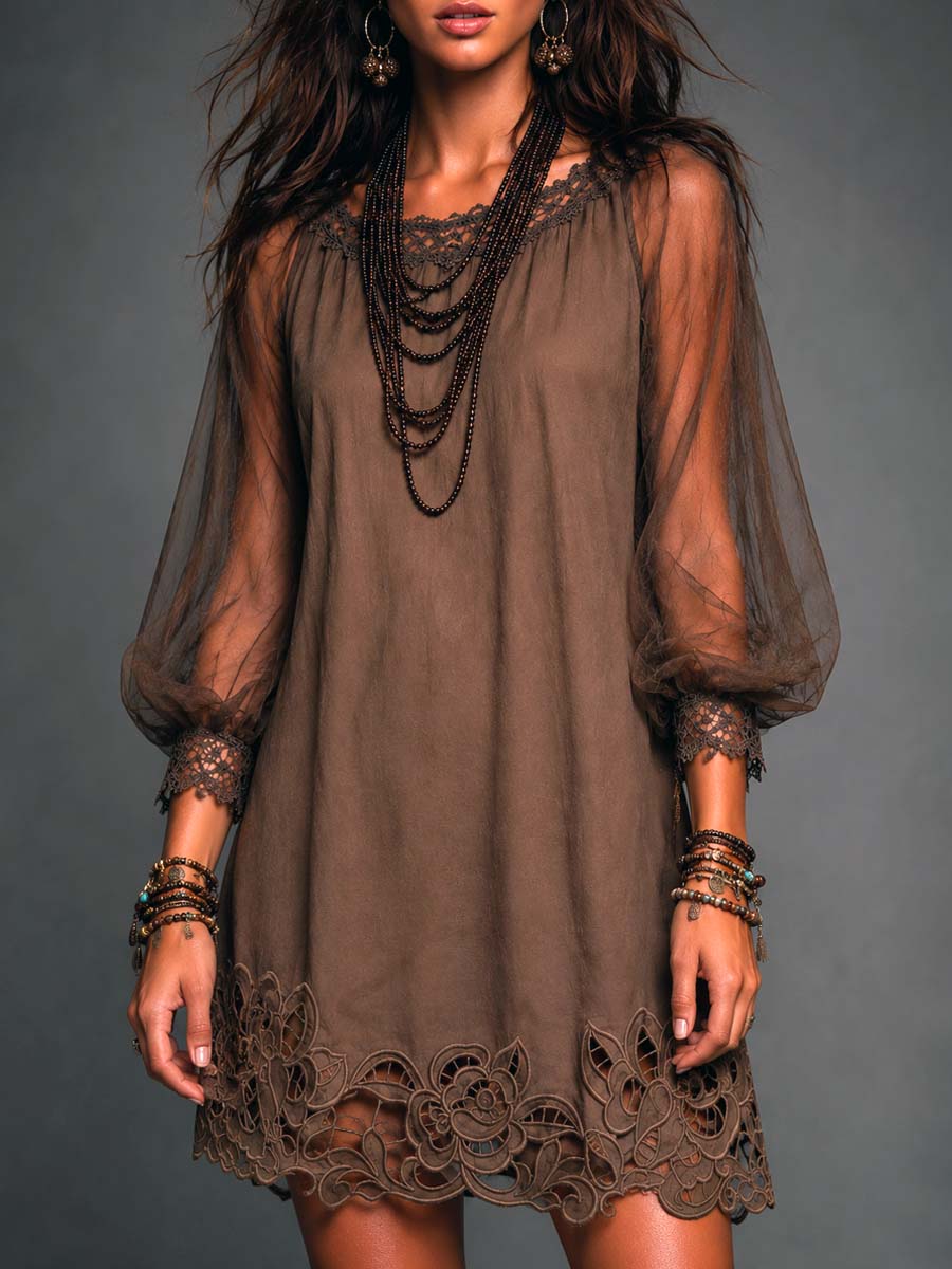 Effortless Brown Mini Dress for Women with Round Neck Sheer Long Sleeve Crochet Hem Flowing Boho Style