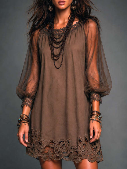 Effortless Brown Mini Dress for Women with Round Neck Sheer Long Sleeve Crochet Hem Flowing Boho Style