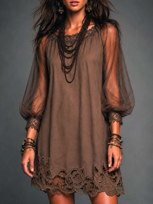 Effortless Brown Mini Dress for Women with Round Neck Sheer Long Sleeve Crochet Hem Flowing Boho Style