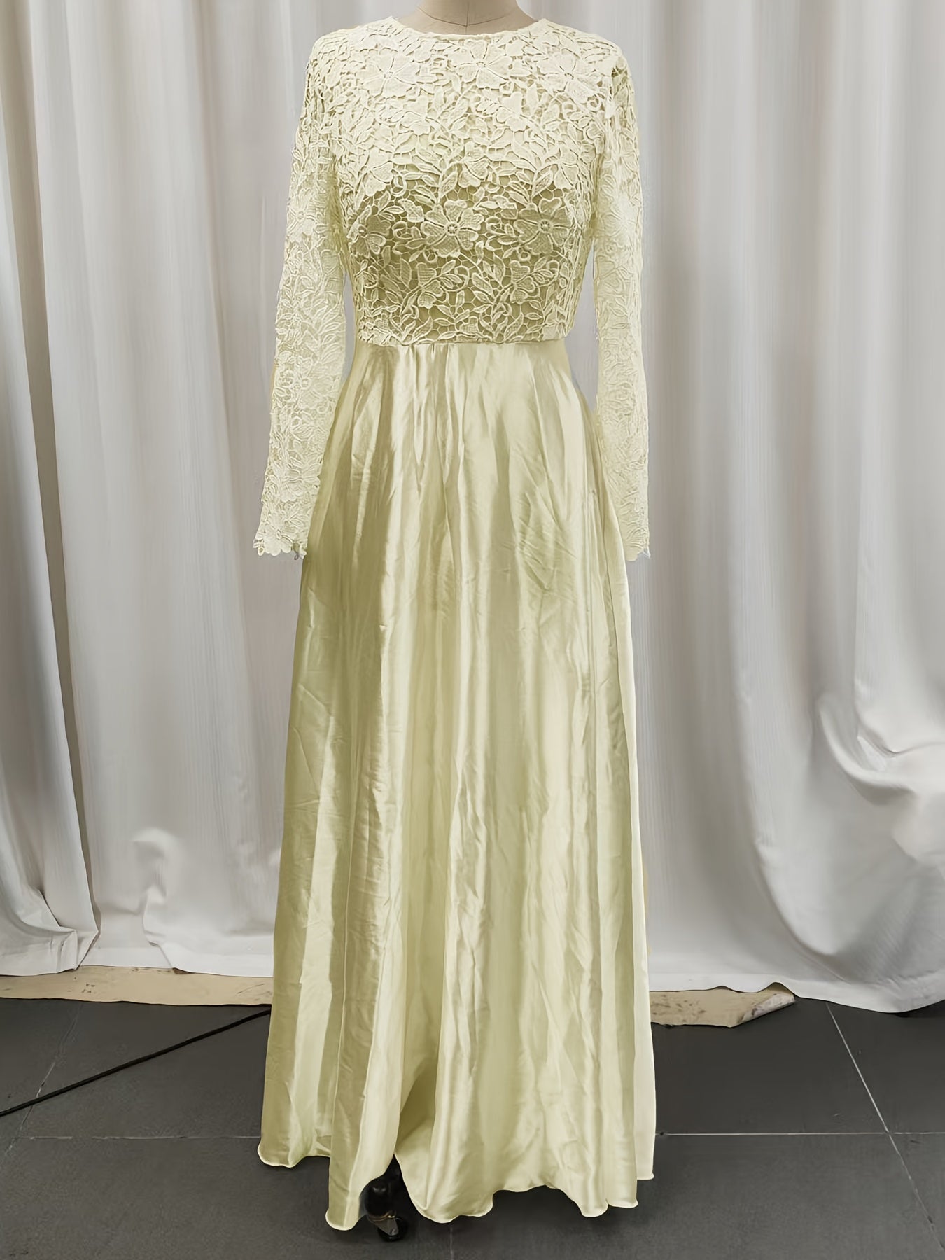 Elegant Lace Wedding Gown for Women with Round Neck Long Sleeve A Line Satin Train Bridal Style