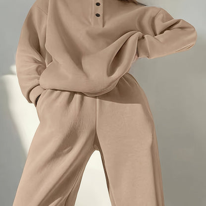 Comfortable Fleece Sweatsuit for Women with Mock Neck Snap Button Long Sleeve Oversized Two Piece Style