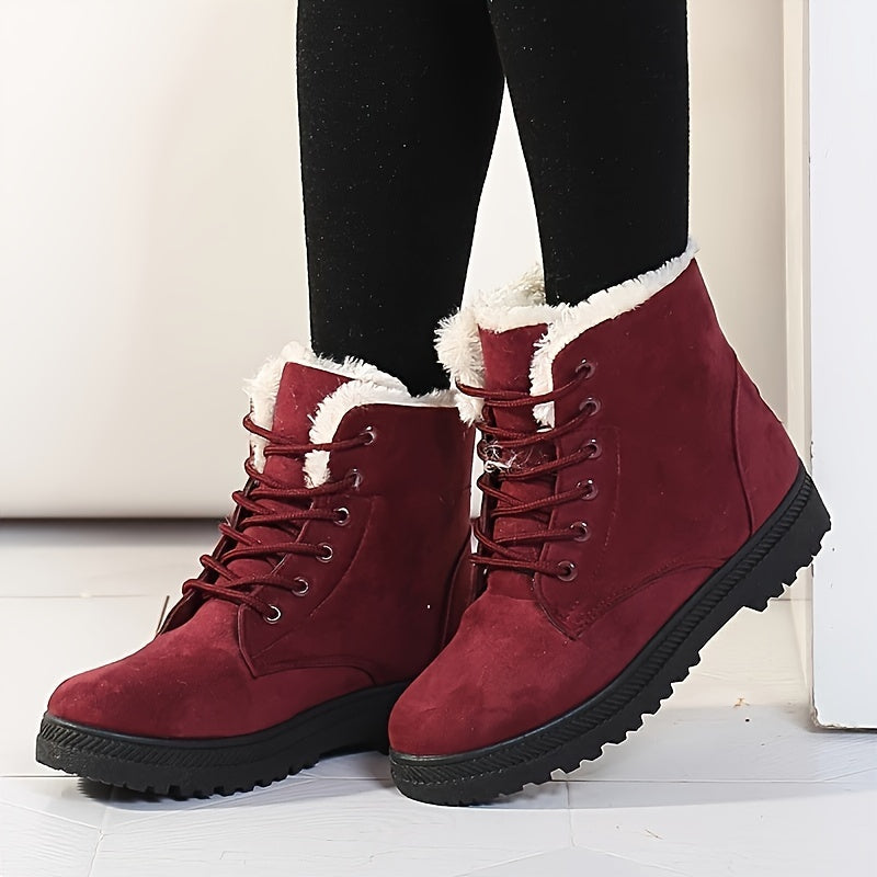 Cozy Lace Up Snow Boots for Women with Fleece Cuff Round Toe Lug Sole Winter Snowproof Style