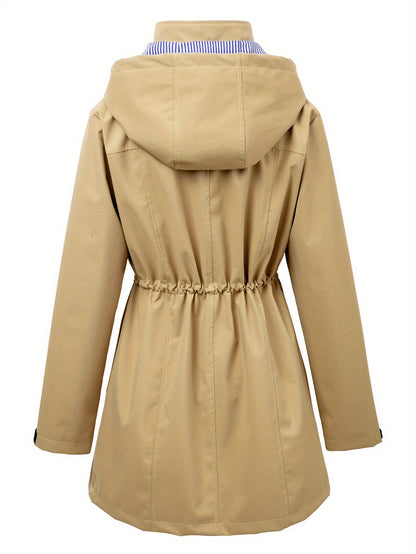 Chic Hooded Rainwear Jacket for Women with Drawstring Waist Zip Front Longline Windbreaker Outdoor Style