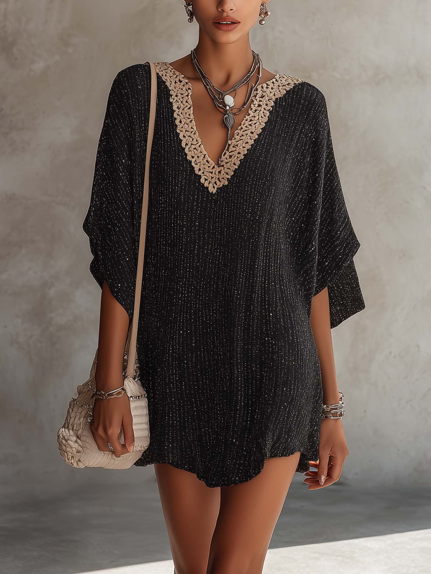 Elegant Black Crochet Trim Kaftan Cocktail Dress for Women with V Neck Batwing Sleeve Boho Style