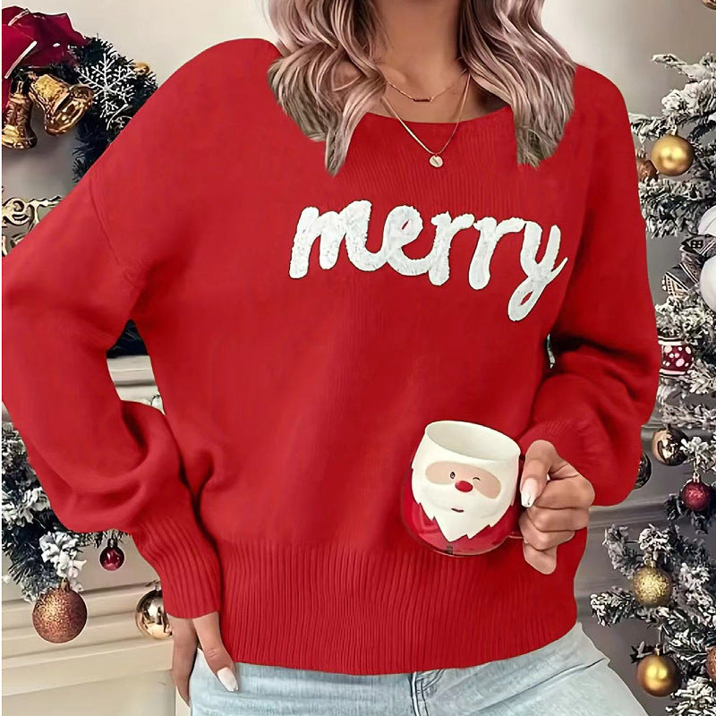 Comfortable Merry Print Sweater for Women with Crew Neck Long Sleeve Ribbed Cuff Oversized Knit Style