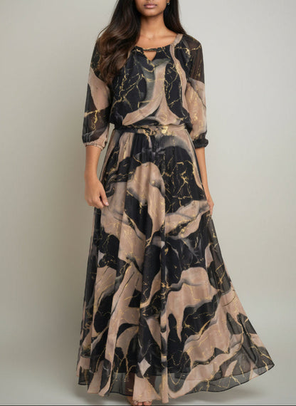 Elegant Black Marble Print Maxi Dress for Women with Split Neck Bell Sleeve Belted Autumn Wedding Guest Style