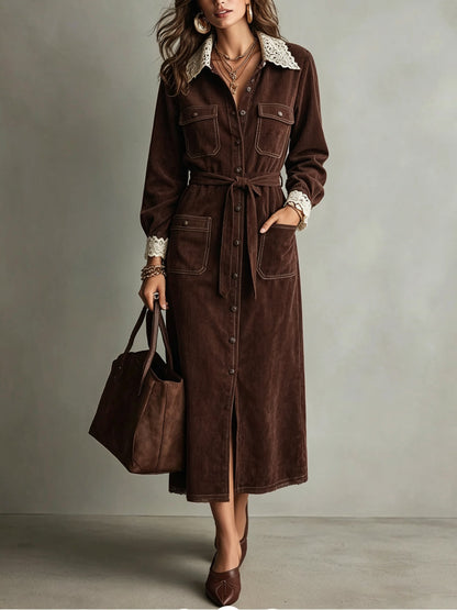 Chic Brown Corduroy Shirt Dress for Women with Collared Neck Button Front Belted Long Sleeve Autumn Style