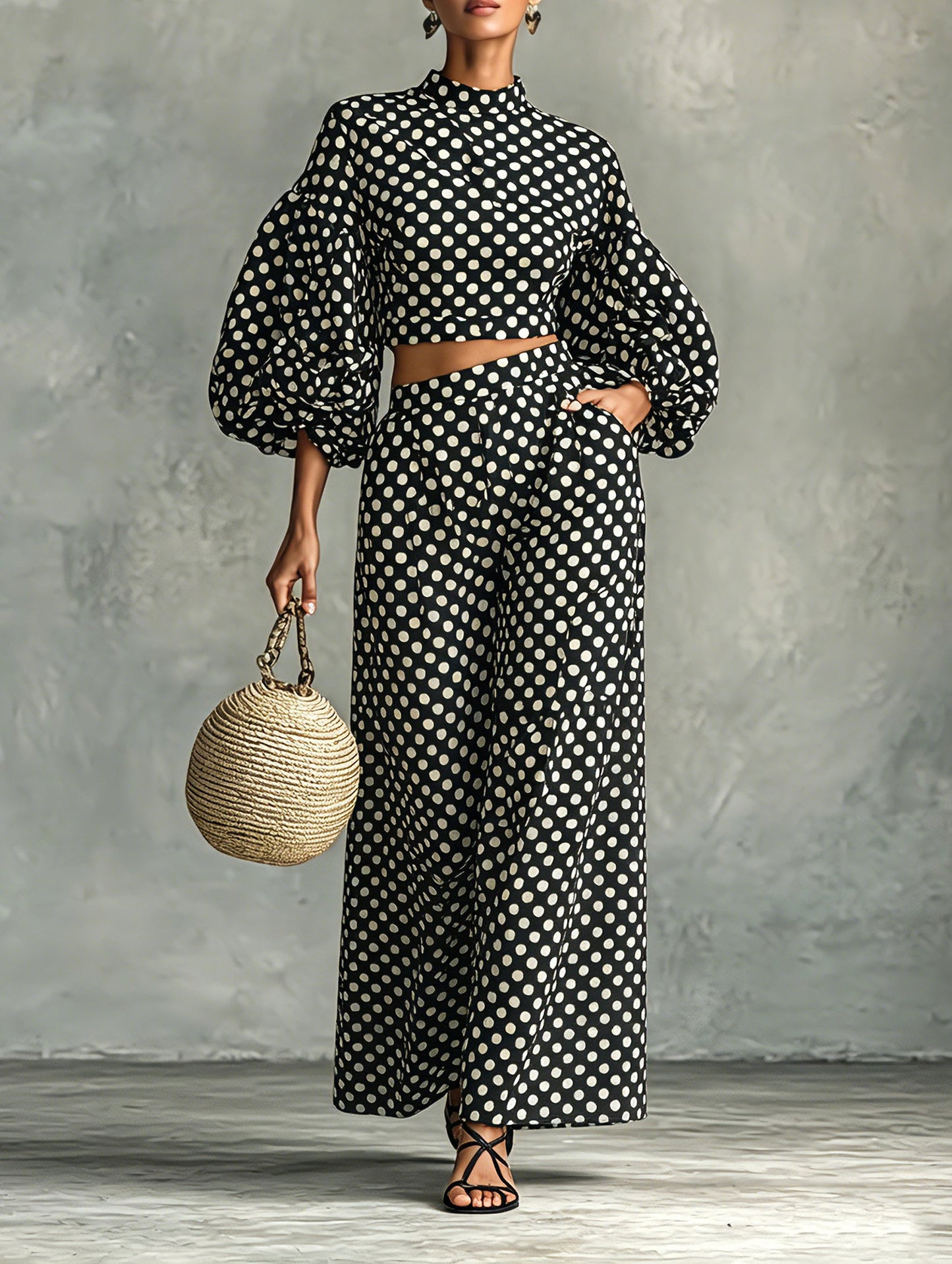 Effortless Two Piece Set for Women with Puff Sleeve Crop Top Wide Leg Palazzo Pants Polka Dot Style