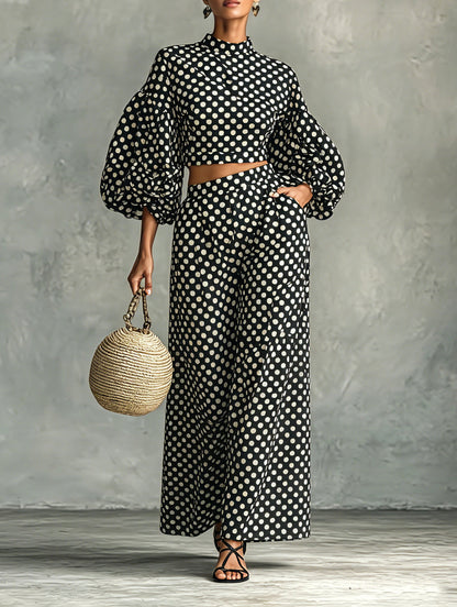 Effortless Two Piece Set for Women with Puff Sleeve Crop Top Wide Leg Palazzo Pants Polka Dot Style