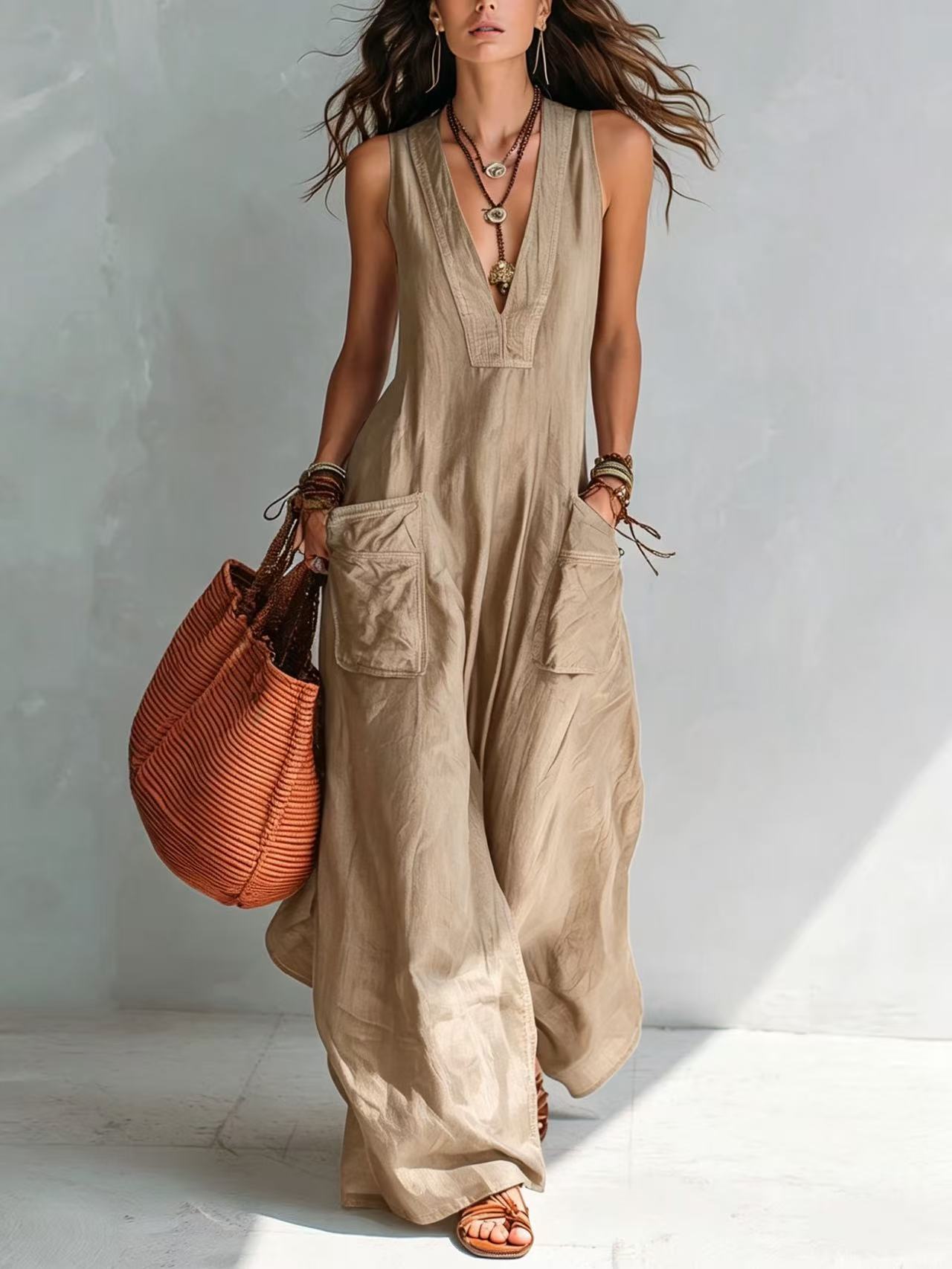 Effortless Overall Jumpsuit for Women with V Neck Wide Leg Adjustable Strap Pocket Relaxed Style