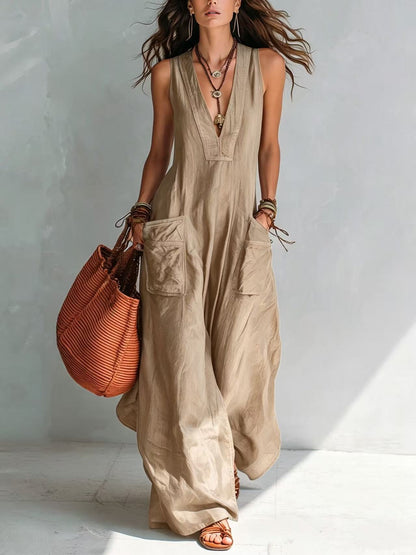 Effortless Overall Jumpsuit for Women with V Neck Wide Leg Adjustable Strap Pocket Relaxed Style