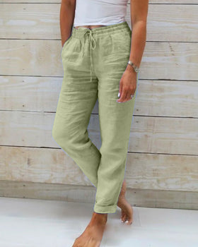 Effortless Linen Pants for Women with High Waist Drawstring Cuffed Hem Relaxed Casual Style