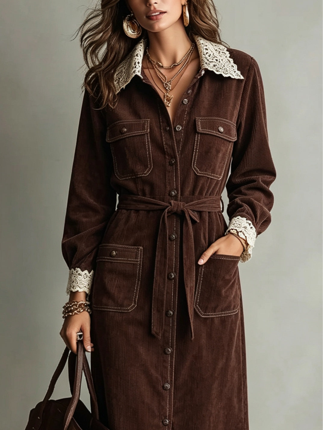 Chic Brown Corduroy Shirt Dress for Women with Collared Neck Button Front Belted Long Sleeve Autumn Style