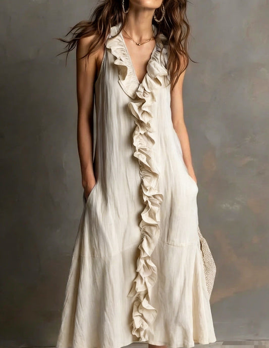 Effortless Ruffle Trim Maxi Dress for Women with V-Neck Sleeveless Flowing Style