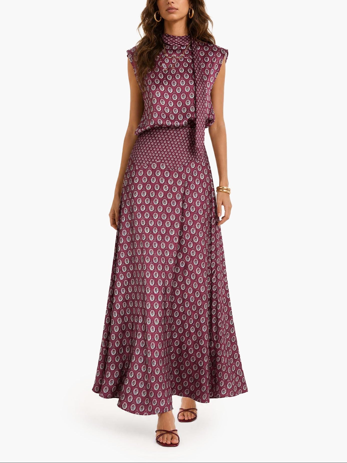 Elegant Purple Retro Print Maxi Dress for Women with Scarf Neck Cap Sleeve Flowing Boho Style