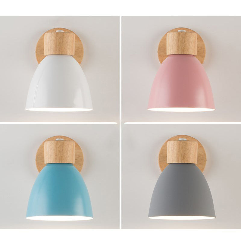 Macaron Wall Lamp Wood Metal Adjustable Shade Pull-Chain Nordic Bedside Sconce Wall Light