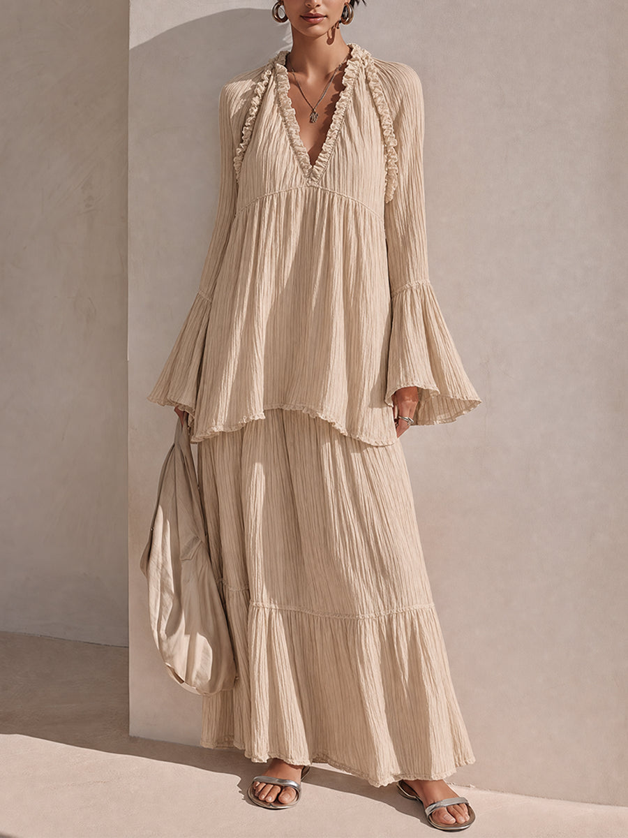 Effortless Beige Maxi Dress for Women with V-Neck Bell Sleeve Tiered Ruffle