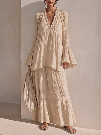 Effortless Beige Maxi Dress for Women with V-Neck Bell Sleeve Tiered Ruffle