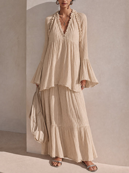 Effortless Beige Maxi Dress for Women with V-Neck Bell Sleeve Tiered Ruffle