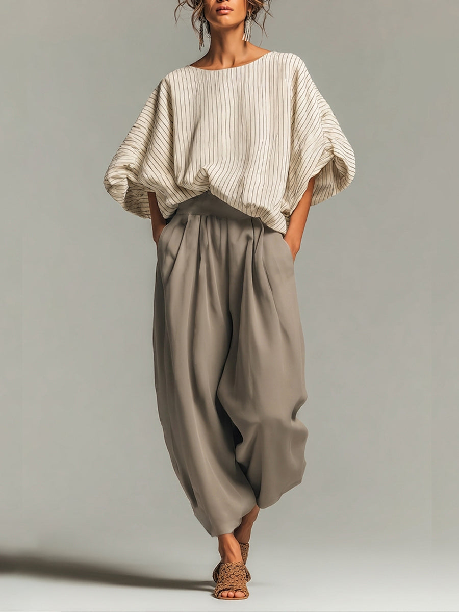 Effortless Two Tone Wide Leg Pants Set for Women with Cropped Sleeve Relaxed Fit