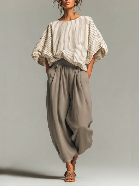 Effortless Two Tone Wide Leg Pants Set for Women with Cropped Sleeve Relaxed Fit