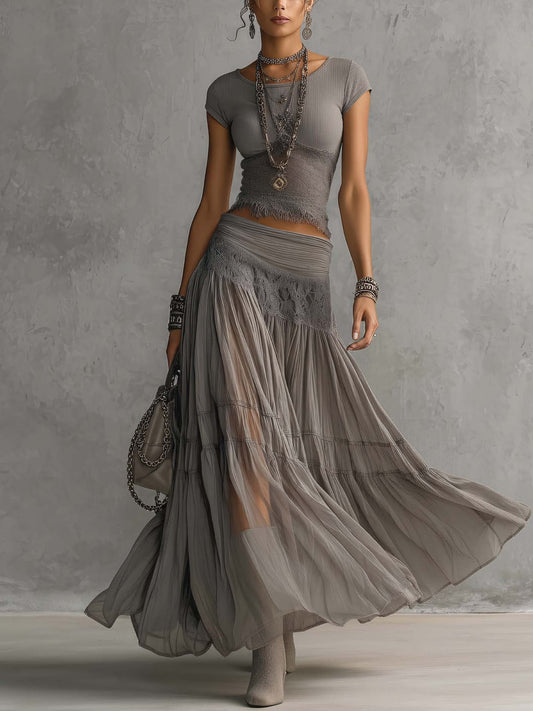 Effortless Boho Two Piece Maxi Skirt Set for Women with Lace Waist and Pleated Skirt