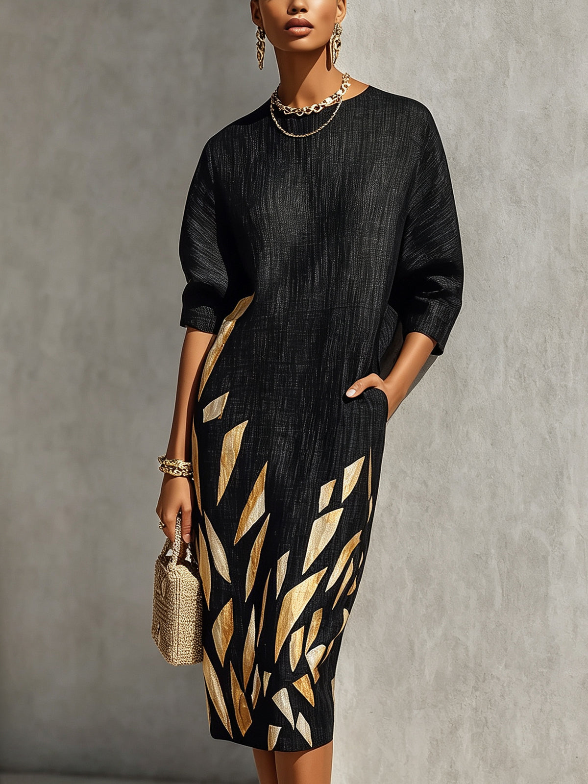 Effortless Black Printed Midi Dress for Women with Round Neck Elbow Sleeve Relaxed Fit
