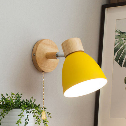 Macaron Wall Lamp Wood Metal Adjustable Shade Pull-Chain Nordic Bedside Sconce Wall Light