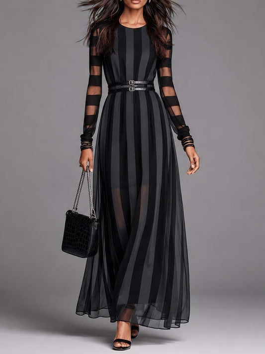 Elegant Black Tie Wedding Guest Dress for Women with Round Neck Long Sleeve Sheer Stripe Belted Formal Style