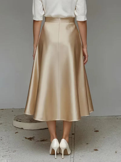 Elegant Satin Midi Skirt for Women with High Waist A Line Pocket Flowing Style