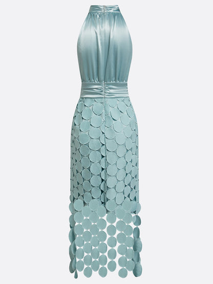 Elegant Satin Circle Cutout Midi Dress for Women with Halter Neck Sleeveless Ruched Waist Autumn Wedding Guest Style