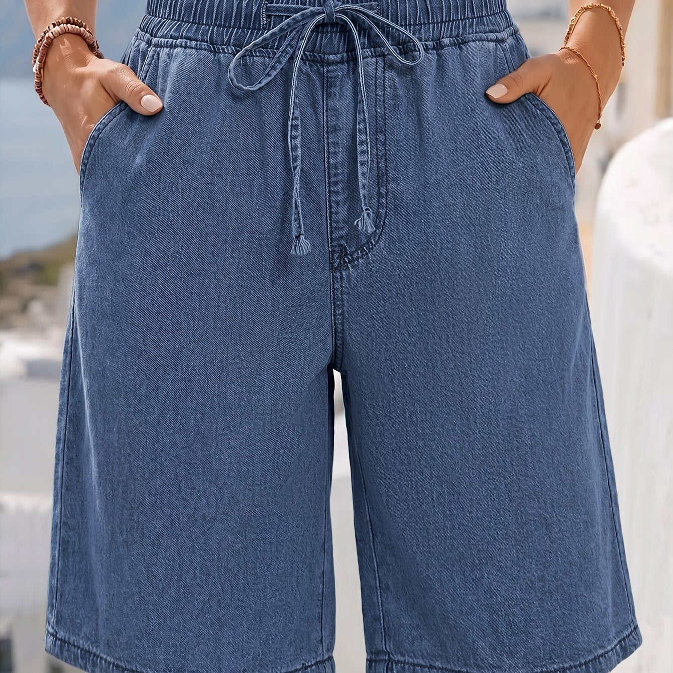 Effortless Blue Jean Shorts for Women with High Waist Drawstring Pocket Bermuda Style