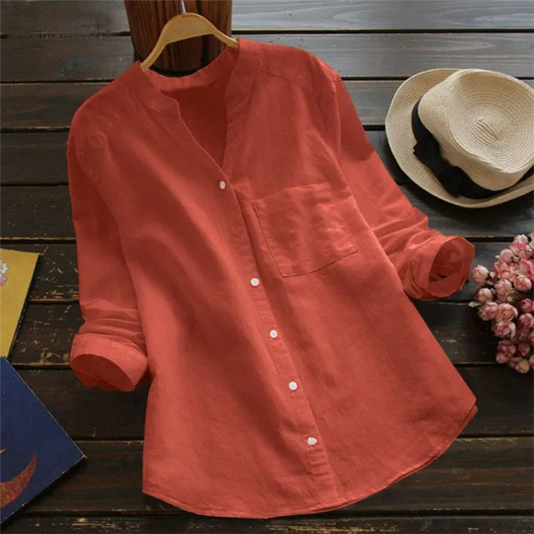 Effortless Linen Shirt for Women with Stand Collar Long Sleeve Button Front Relaxed Style